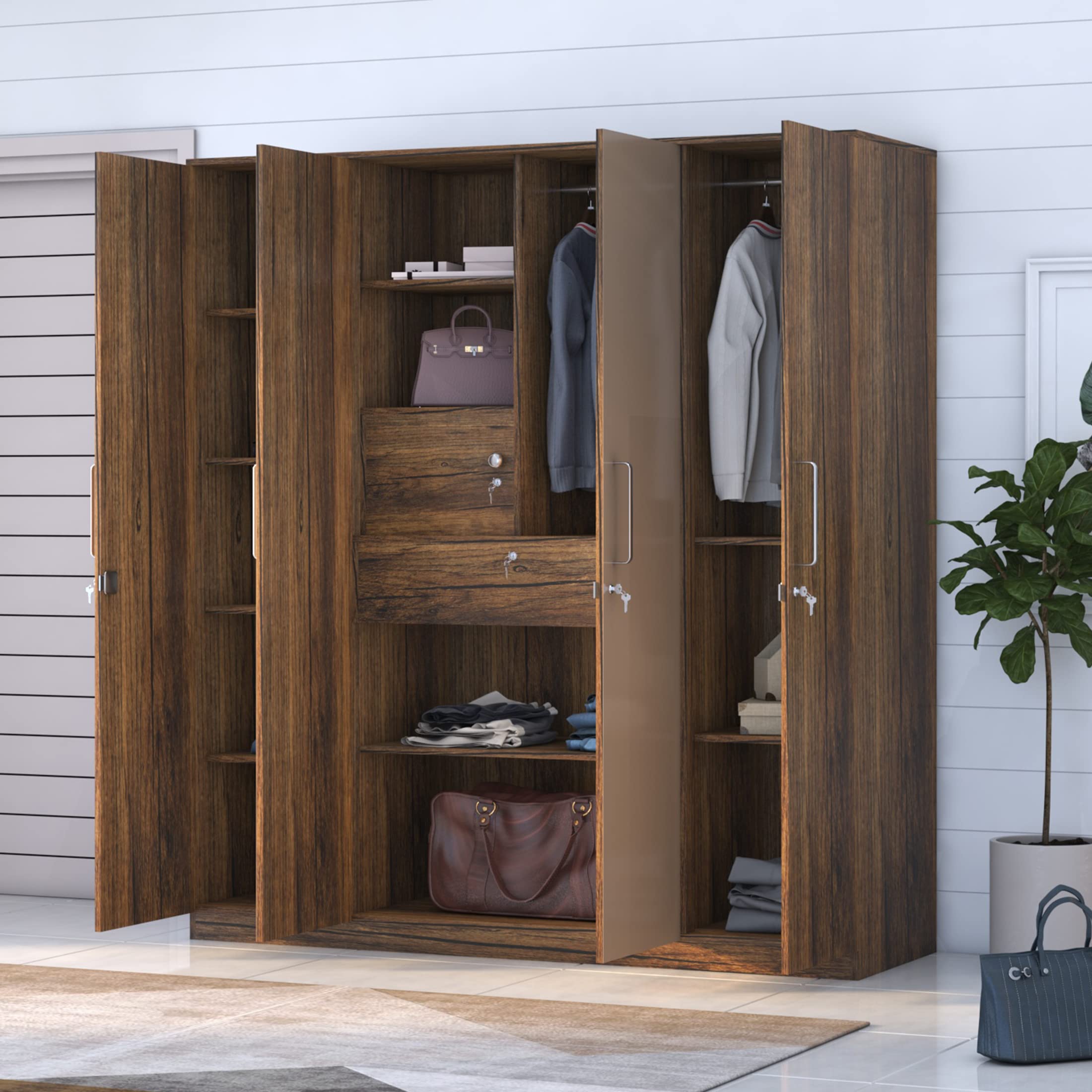 Klaxon Engineered Wood 4 Door Wardrobe with Locker Space (Rustic